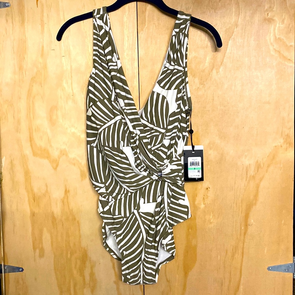 DKNY one piece swimming suit, size 8 color olive and white.